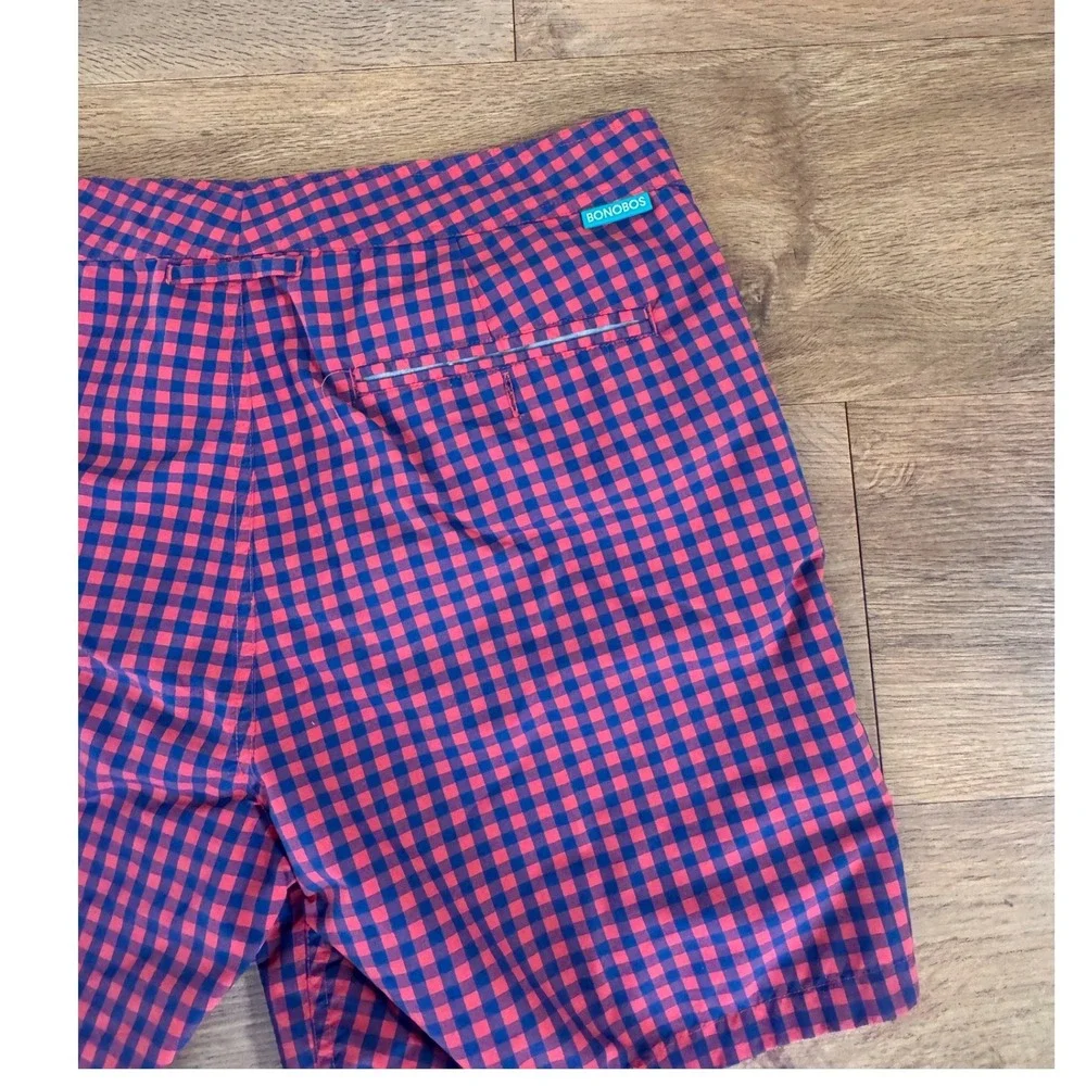 Bonobos Mens Gingham Swim Trunks Red Blue Plaid Board Shorts 7 Inch Inseam 32W